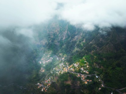 Aerial drone view of Curral das Freiras village in Valley of the Nuns from Miradouro da Eira do