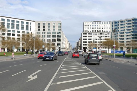 Berlin, Germany, 16 April 2021, View across Leipziger Platz to Leipziger Straße, a main traffic