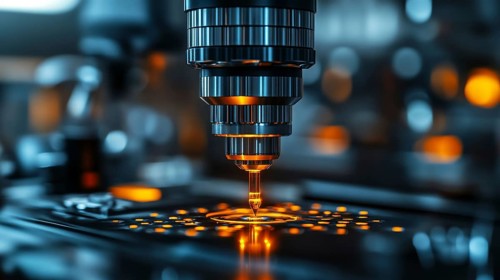 Close-up of a microscope in a lab environment with a warm orange glow, showcasing precision