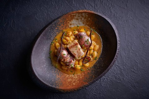 Judias pochas beans with calamari seafood and bacon