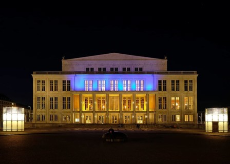 Leipzig Opera in the evening in the colours of Ukraine. Leipzig, Saxony, Germany, Europe