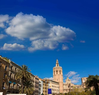 Valencia Plaza de la Reina square with Cathedral and Miguelete at Spain