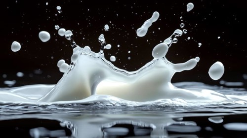 Milk splash impact with droplets colliding in mid-air against a dark backdrop, capturing dynamic