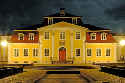 The illuminated Friederikenschlösschen in the evening. Bad Langensalza, Thuringia, Germany, Europe