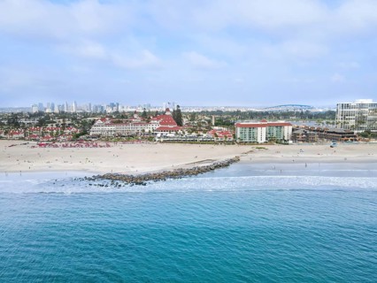 Aerial view of Coronado Island situated just across the Big Bay from downtown San Diego,