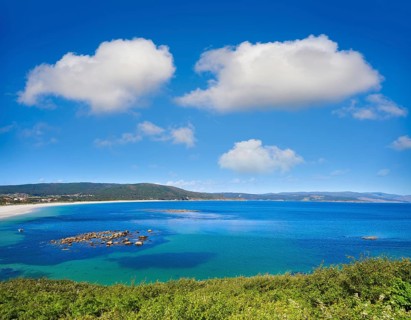 Aerial view of Finisterre langosteira beach in Galicia Spain