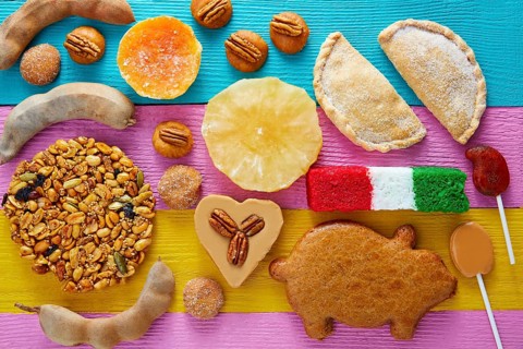 Mexican sweets and pastries cajeta tamarindo coconut flag Palanqueta puerquito