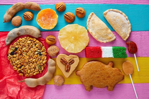 Mexican sweets and pastries cajeta tamarindo coconut flag Palanqueta puerquito