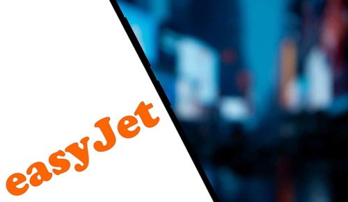 EasyJet logo is displayed on smartphone. EasyJet plc is a British multinational low cost airline