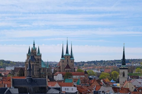 View over Erfurt with cathedral, St Severi and Kaufmannskirche in spring. Erfurt, Thuringia,