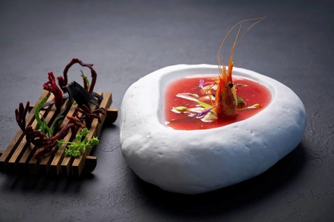 Mediterranean gazpacho tomato soup with seafood and codium salad