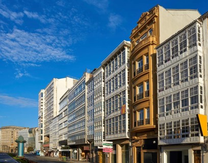 La Coruna facades near Port in Galicia of Spain