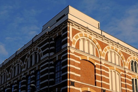 Facade of the former worsted spinning mill in Leipzig Plagwitz. Saxony, Germany, Europe