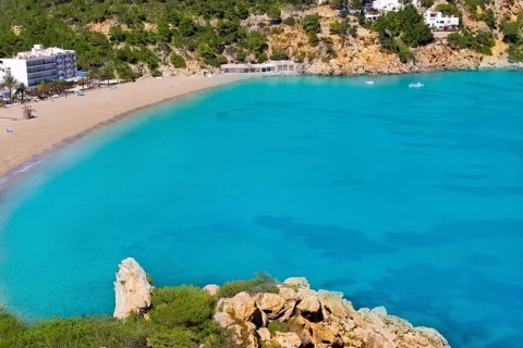 Aerial view of Caleta de Sant Vicent in Ibiza island cala de san Vicente