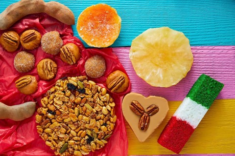 Mexican sweets and pastries cajeta tamarindo coconut flag Palanqueta puerquito