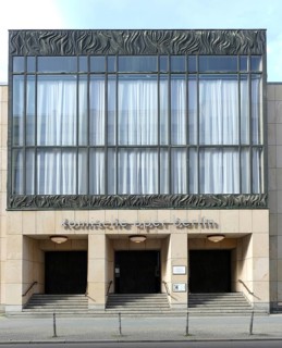 Berlin, Germany, 16 April 2021, Facade and main entrance of the Komische Oper in Behrenstraße,