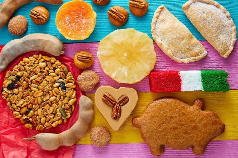 Mexican sweets and pastries cajeta tamarindo coconut flag Palanqueta puerquito