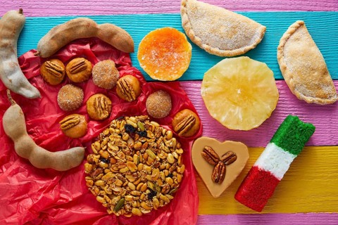 Mexican sweets and pastries cajeta tamarindo coconut flag Palanqueta puerquito