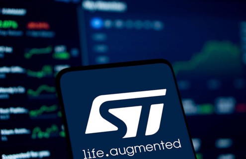 STMicroelectronics logo is displayed on smartphone. STMicroelectronics NV is a European