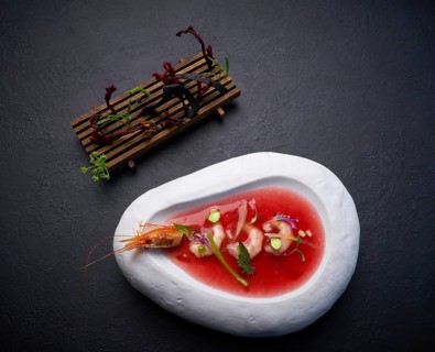 Mediterranean gazpacho tomato soup with seafood and codium salad