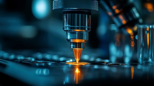 A microscope with an orange light in a lab scene, set against a blue-toned, focused ambiance, AI