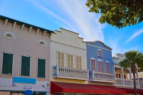 Key west downtown street houses facades in Florida USA
