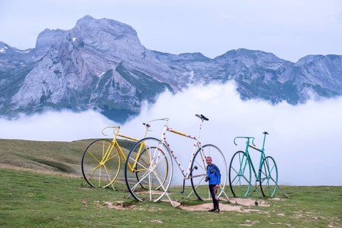 Giant bicycles tribute to the Tour, Col Aubisque, Aquitaine, French Pyrenees, France, Europe