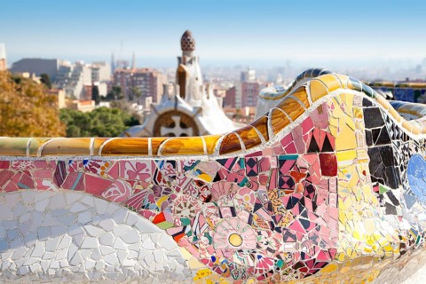 Barcelona Park Guell of Gaudi tiles mosaic serpentine bench modernism