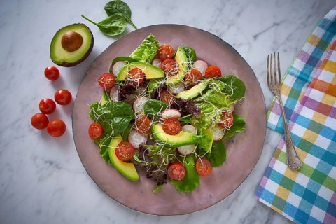 Avocado salad with sprouts tomatoes spinach and radish healthy food