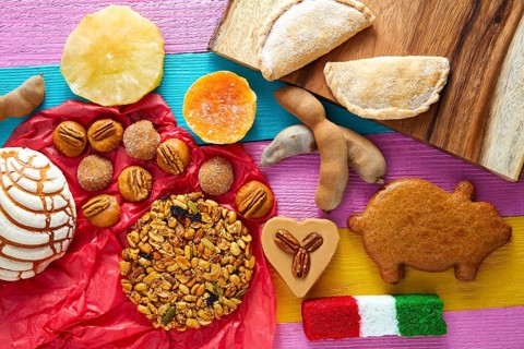 Mexican sweets and pastries cajeta tamarindo coconut flag Palanqueta puerquito