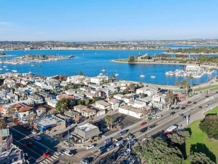 Aerial view of Mission Bay and beach in San Diego during summer, California. USA. Community built