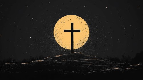 Cross silhouette with an ethereal glow of the moon and stars in a tranquil night scene, AI