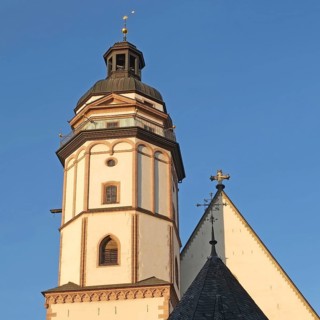 View upwards to the tower and viewing platform of St Thomas' Church in Leipzig. Saxony, Germany,