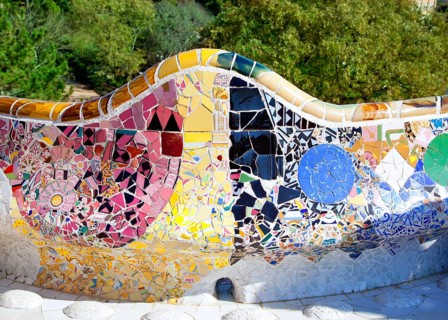 Barcelona Park Guell of Gaudi tiles mosaic serpentine bench modernism
