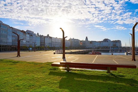 La Coruna facades near Port in Galicia of Spain