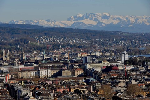 Panoramic view of Zurich city with the Alps in the background from Switzerland's second-highest