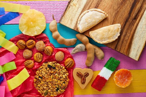 Mexican sweets and pastries cajeta tamarindo coconut flag Palanqueta puerquito