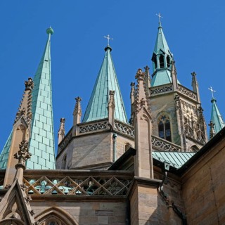 View upwards to the towers of Erfurt Cathedral. Erfurt, Thuringia, Germany, Europe