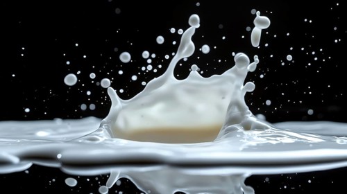 Milk splash with droplets suspended in the air against a dark background, creating a dynamic motion