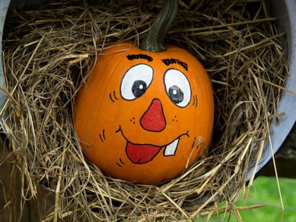 Cheerful painted pumpkin in a nest of hay, decorative and autumnal, borken, münsterland, germany