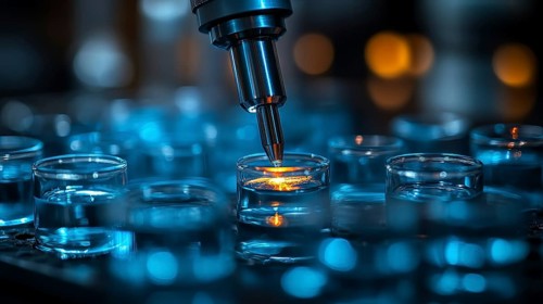Microscope focusing light on test tubes in a lab setting, featuring blue lighting and orange