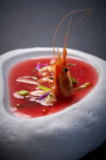 Mediterranean gazpacho tomato soup with seafood