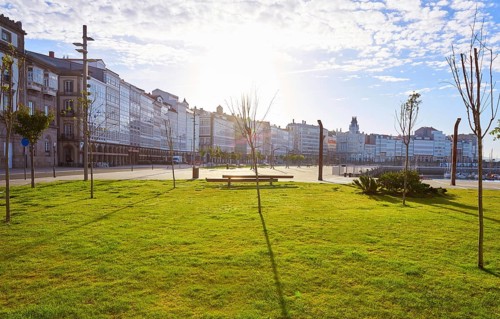 La Coruna facades near Port in Galicia of Spain