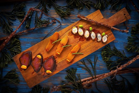 Marinated tuna roe and octopus salted smoked Mediterranean style with seaweed