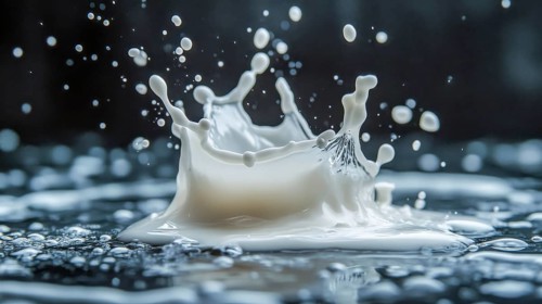 Dynamic milk splash with suspended droplets against a dark backdrop, emphasizing fluid motion, AI