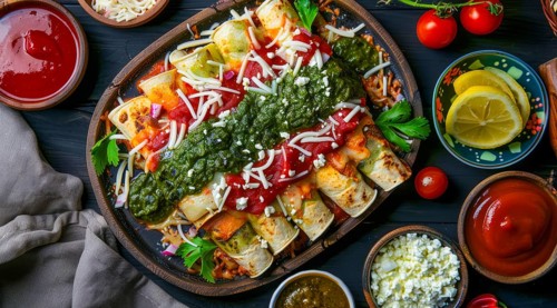 Plate of enchiladas with a side of salsa and guacamole. Wooden table with bowls of various sauces,