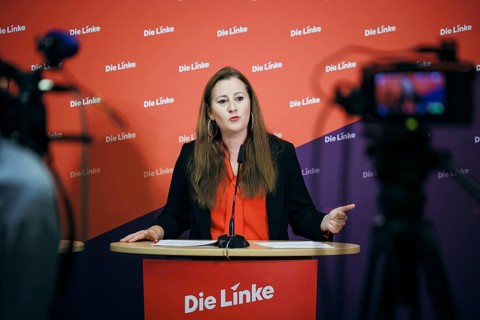 Janine Wissler, Chairwoman of the Left Party, recorded at a press conference in Berlin, 19 August