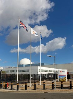 White dome PWR Pressurised Water Reactor EDF sign, nuclear power station, Sizewell B, Suffolk,