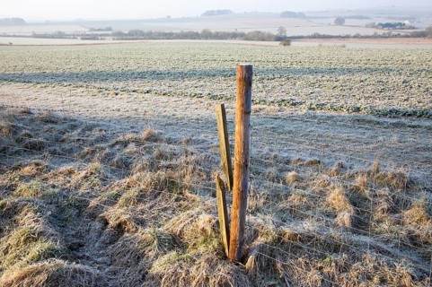 Frosty morning landscape looking south west from Windmill Hill, Avebury, Wiltshire, England, UK