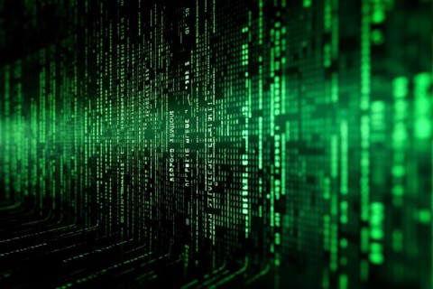Green dynamic digital data streams, showcasing flowing lines of code in a mesmerizing pattern,